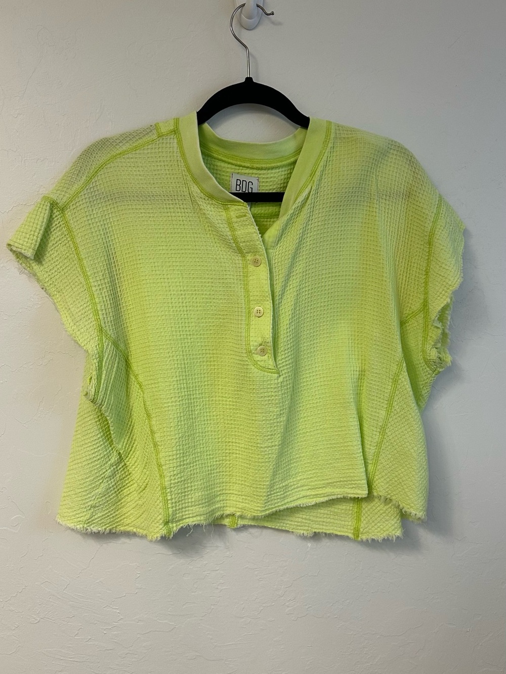 BDG Neon Lime Cropped Waffle Henley Top
